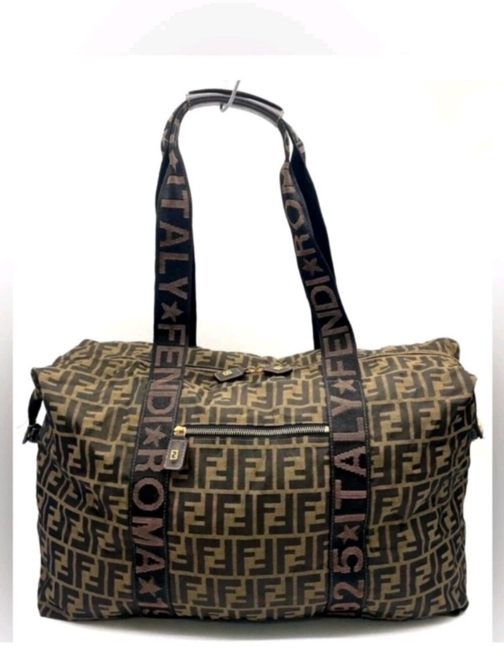 Fendi Zucca Duffel Bag Brown Canvas Leather Trim Travel Boston